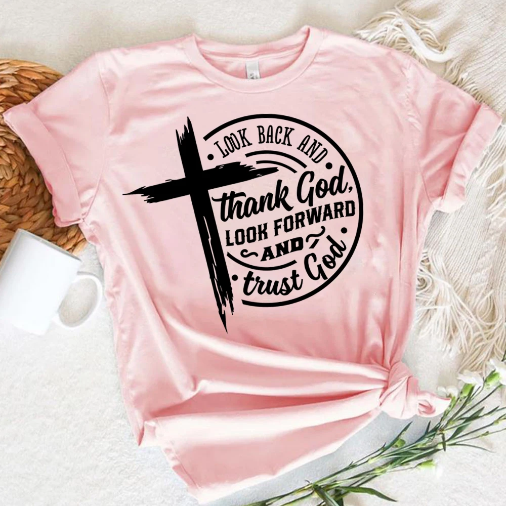 Look Back and Thank God Trust God Letter Printing TShirts Christian Cross Bible Verse Christian Shirts Motivational Tee Harajuku image 5