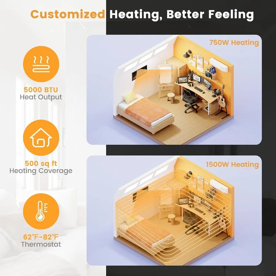 مدفأة كهربائية مقاس 42 بوصة، حل تسخين مثبت على الحائط مع لهب سجل قابل للتعديل، مؤقت 8 ساعات، جهاز تحكم عن بعد 750 #4