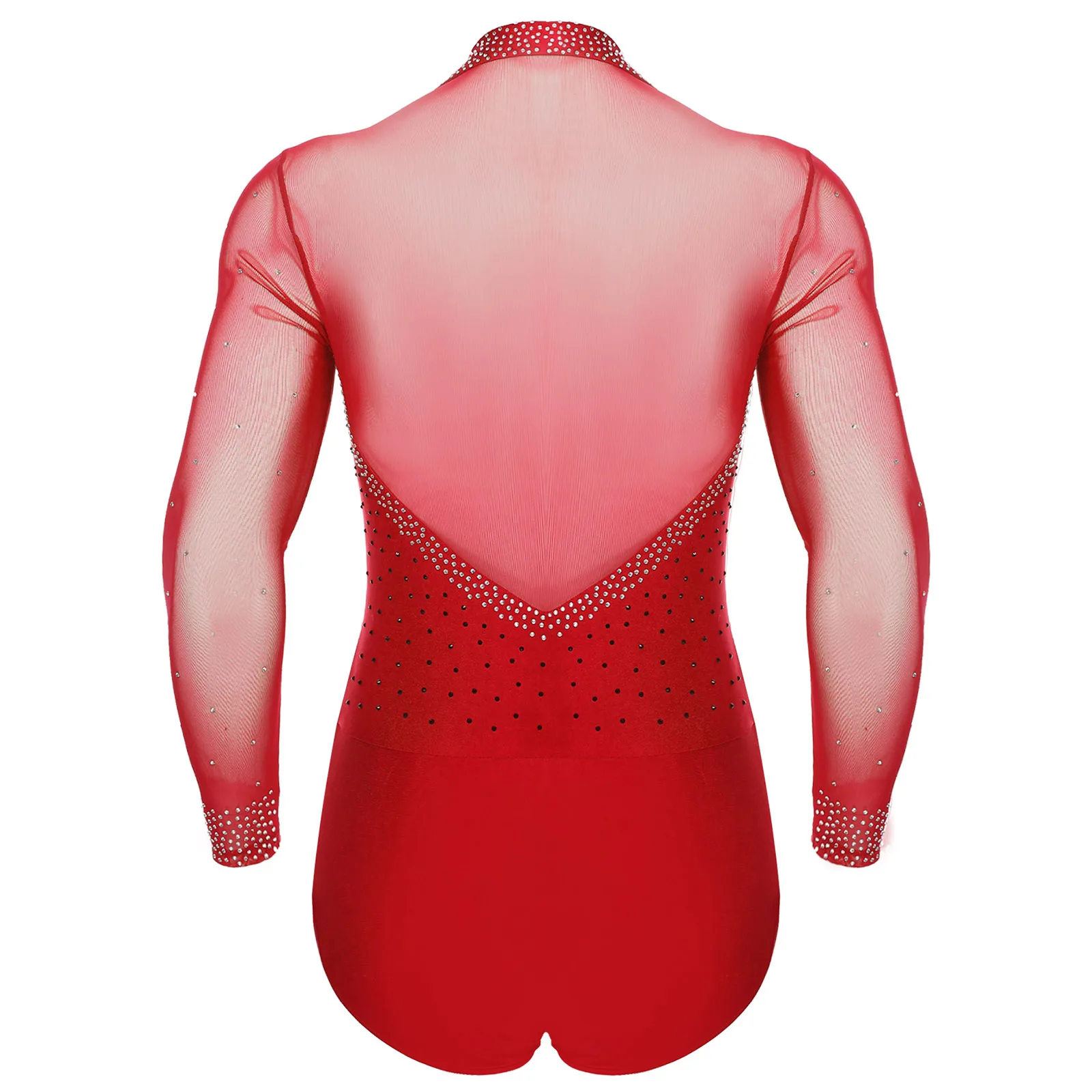 Mens Latin Tango Ballroom Dance Leotard Costume Lapel Collar Sheer Mesh Patchwork Long Sleeve Sparkly Rhinestone Bodysuit