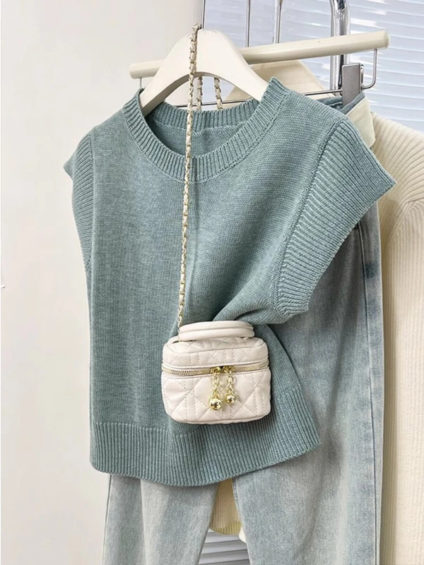 Gray Blue Shoulder Length Sleeveless Knitted Top Women's Short Sleeve Spring Summer Design Unique Small Flock Sleeve T-shirt