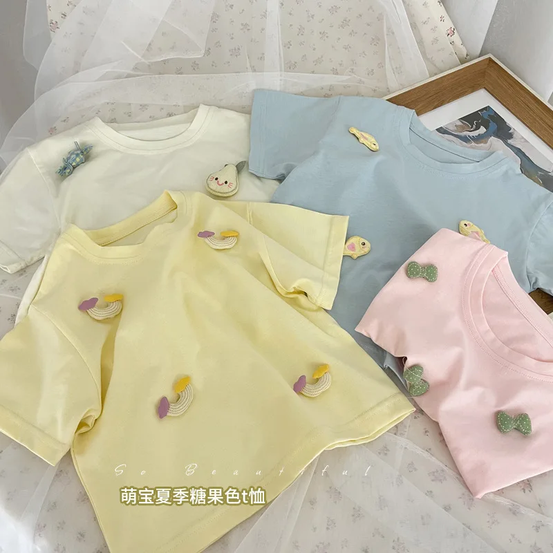 2024 Childrens Summer Sweet Candy Color Short Sleeved Girl Cute and Gentle Summer Short Sleeved Girls Clothes