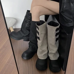 Vintage Women Knight Long Boots Fashion Elegant Slip On Shoes Platform Thick Heel Women's Western Knee-High Booties