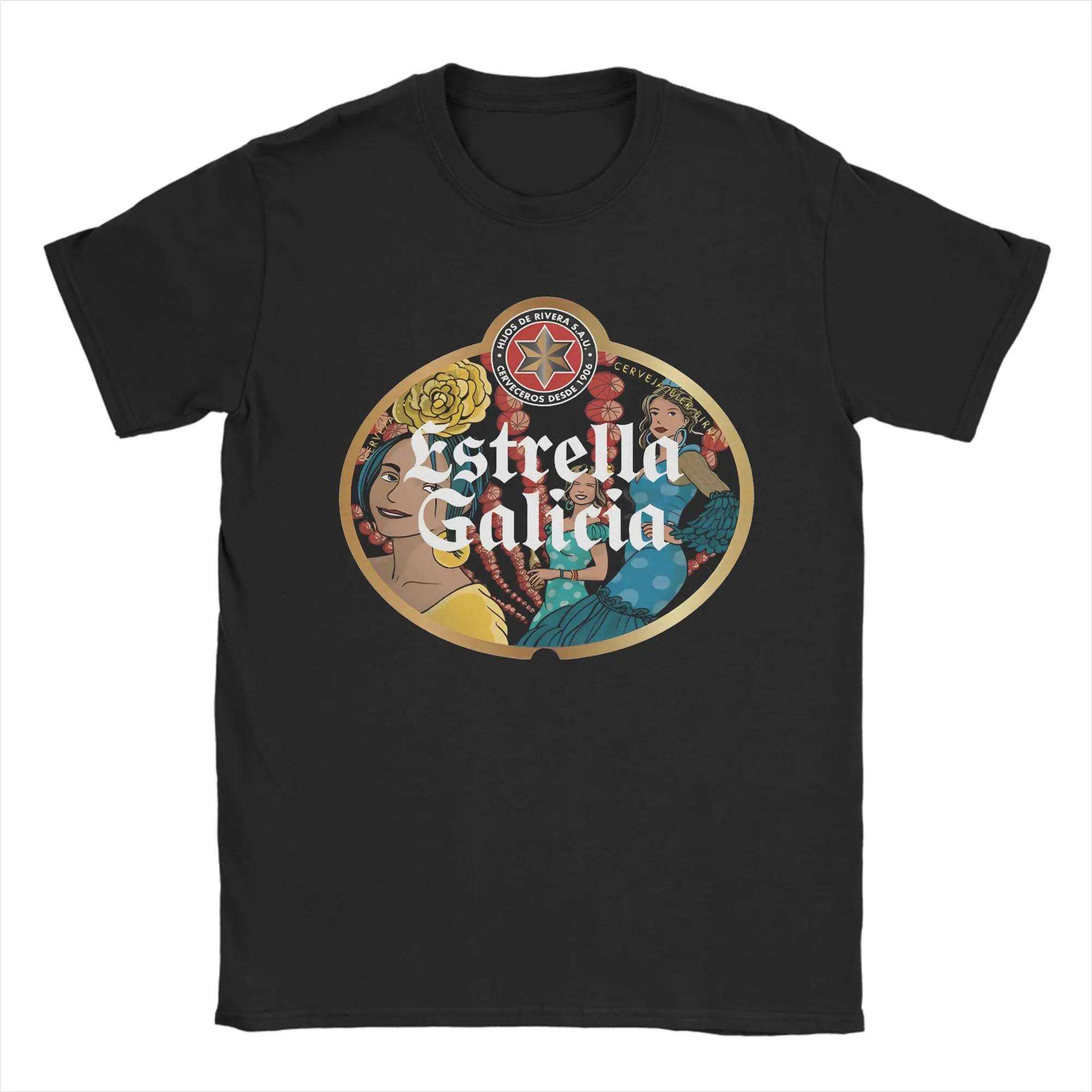 Fun Estrella Galicia Beer  T-Shirt Men Crew Neck Cotton T Shirt  Short Sleeve Tees Plus Size Clothing