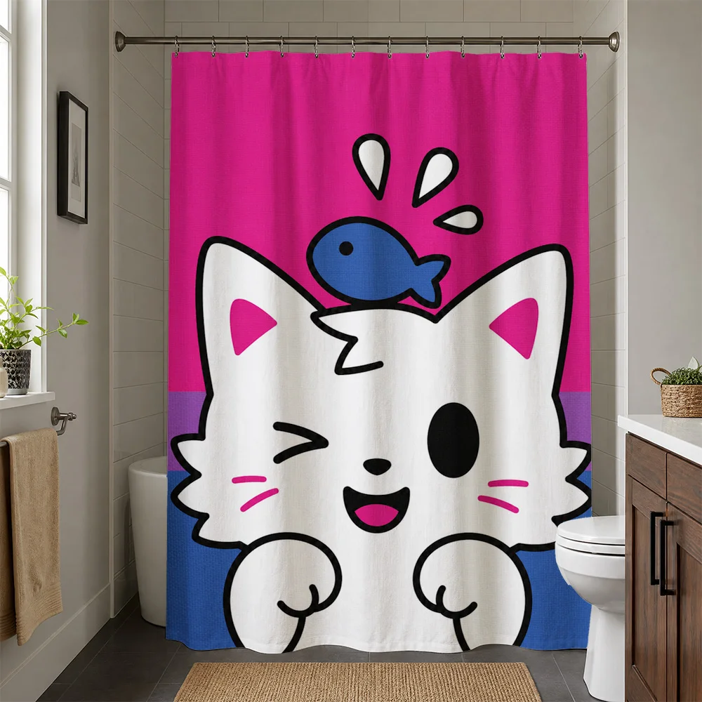 Cute Kawaii Cat Character Shower Curtain Fun Bathroom Decor Novelty Plush Design for Kids Adults