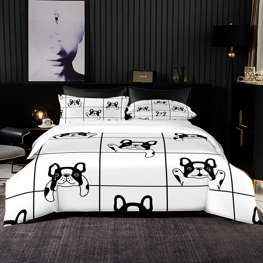 King Queen Size Bedding Set Quality Simply Duvet Cover Set 220x240 with Pillowcase Grid with Cute Dog Print for Home Textiles