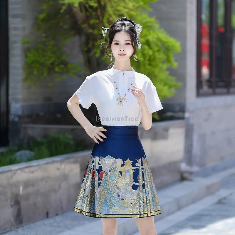 2024 chinese style ming made gorgeous hanfu suit retro simple solid color top gold stamping dainty versatile horse face skirt