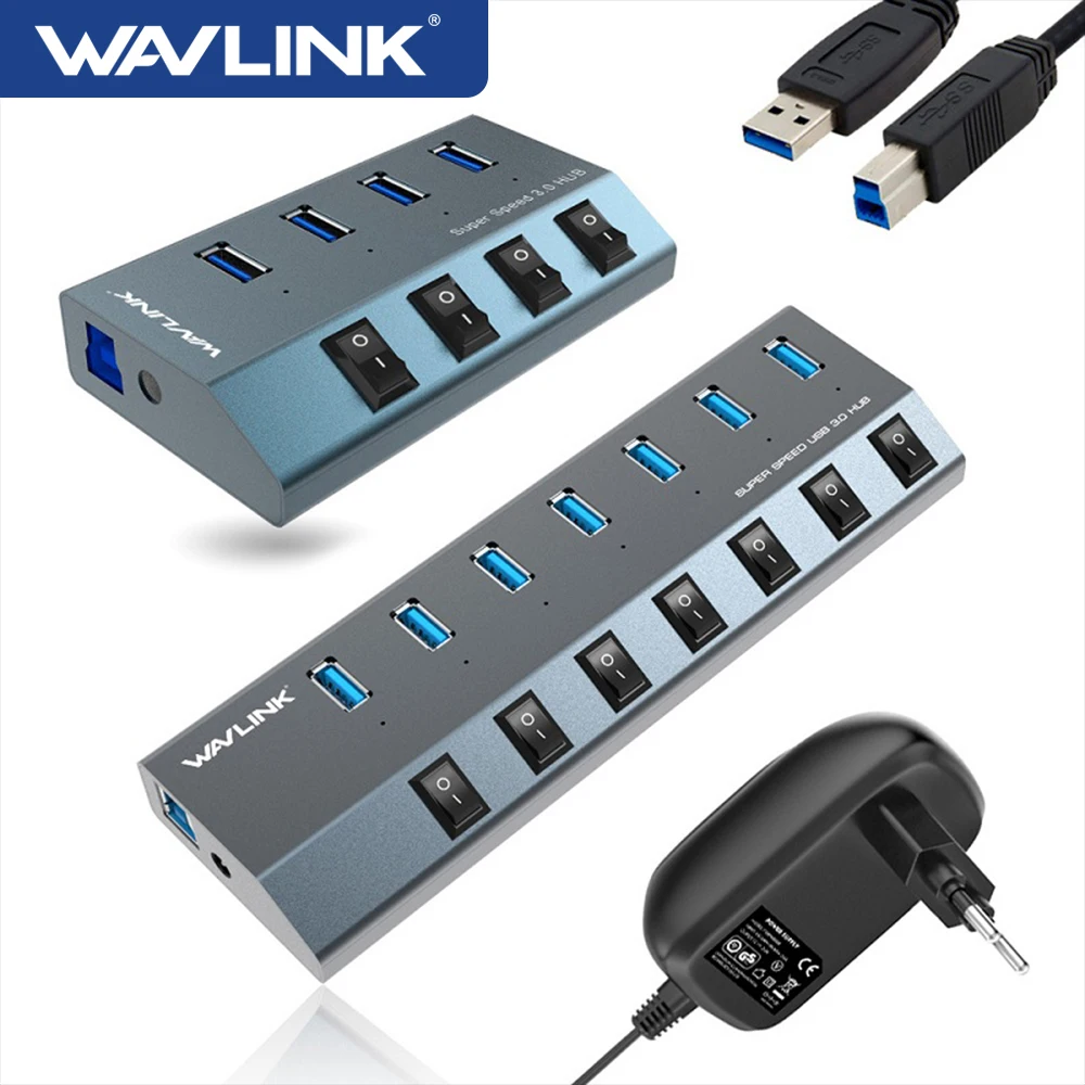 Wavlink Aluminum USB HUB 3.0 With Power Adapter On/Off Switch High Speed 4 /7 Ports USB 3.0 HUB EU/US/UK Plug for MacBook Laptop