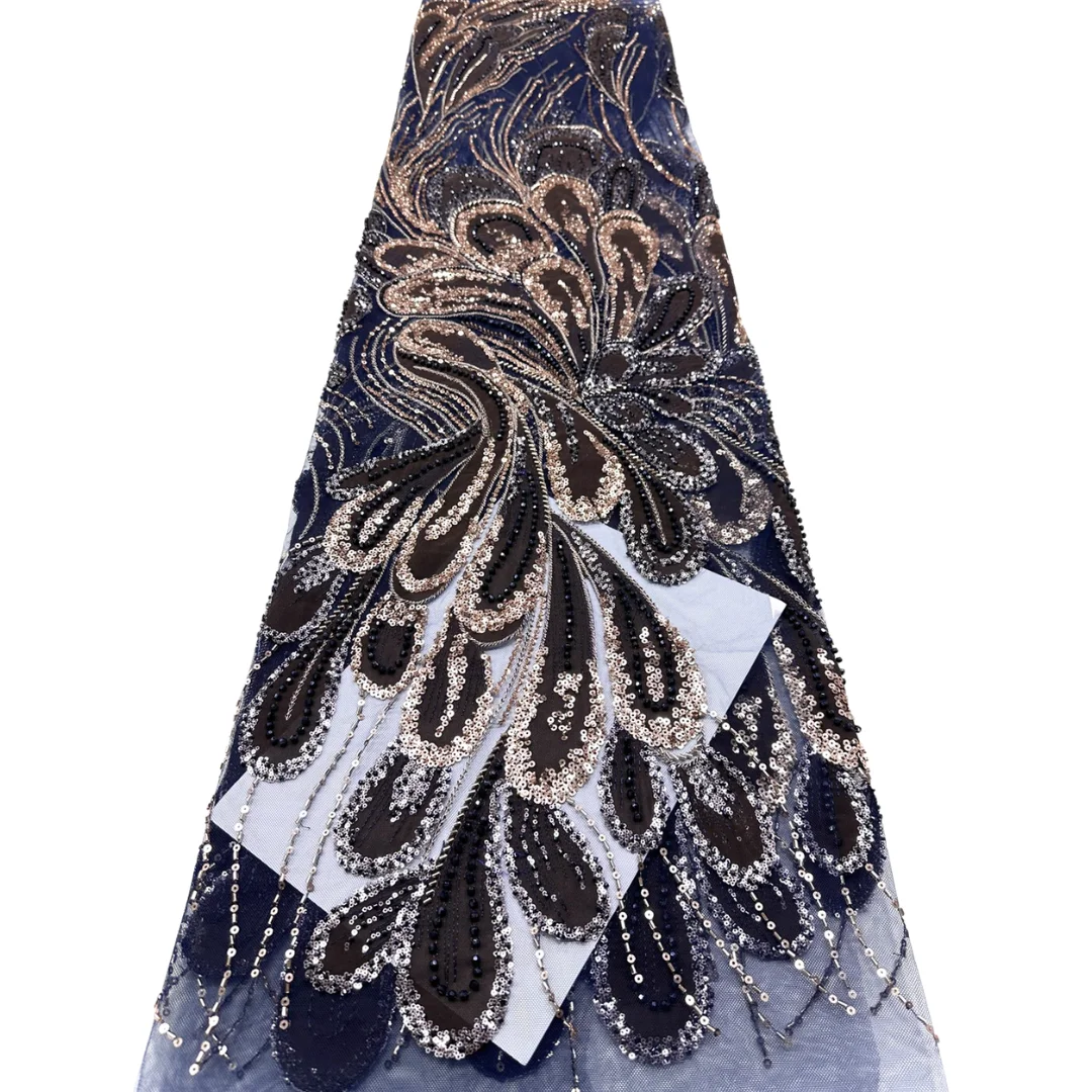 Latest Feather Embroidery Applique Lace Fabric Nigerian Sequins Beaded French Tulle for Sewing Banquet Dinner Women Dress