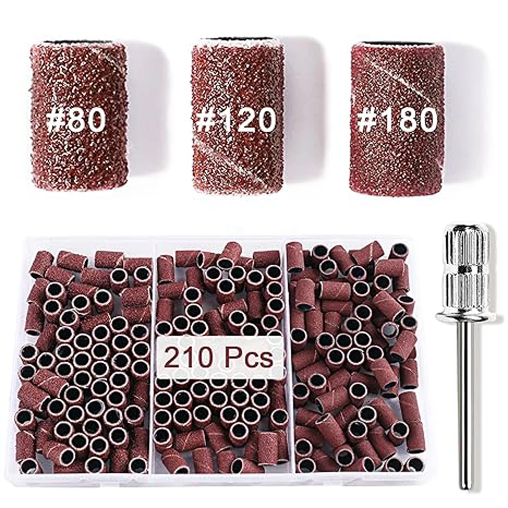 210pcs/Box Sanding Cap Bands #80#120#180 Grit Nail Drill Grinding Bit Files Pedicure Tool Set for Grit Gel Nail Polish Removal