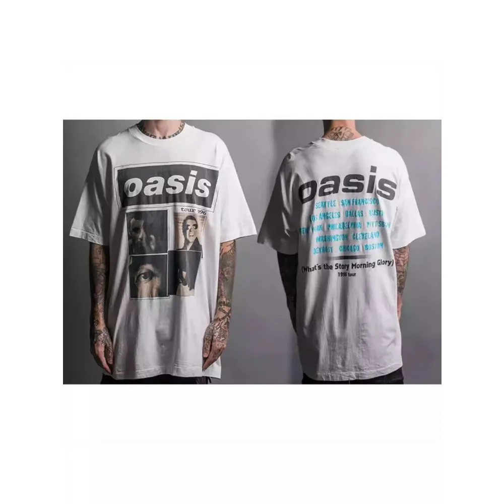 2025 جديد الصيف تي شيرت رجالي البريطانية روك واحة الواحة الفرقة الشارع واحد الكتف للجنسين المطبوعة القطن عادية موضة تي شيرت #2