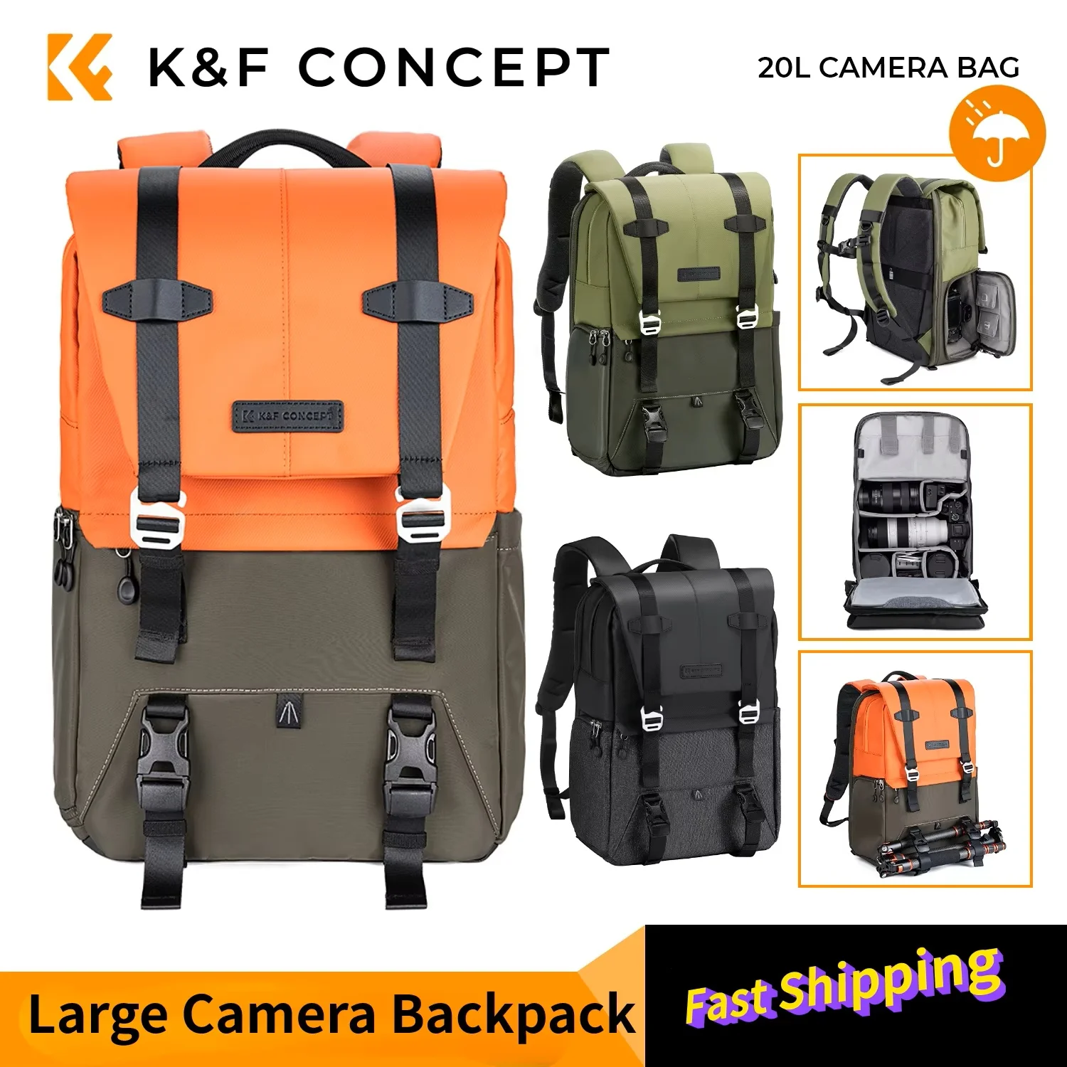 Plecak fotograficzny K&F CONCEPT, torba podróżna na aparat, duża pojemność, futerał na aparat z boczną osłoną przeciwdeszczową na statyw, na laptopa 15,6 cala.