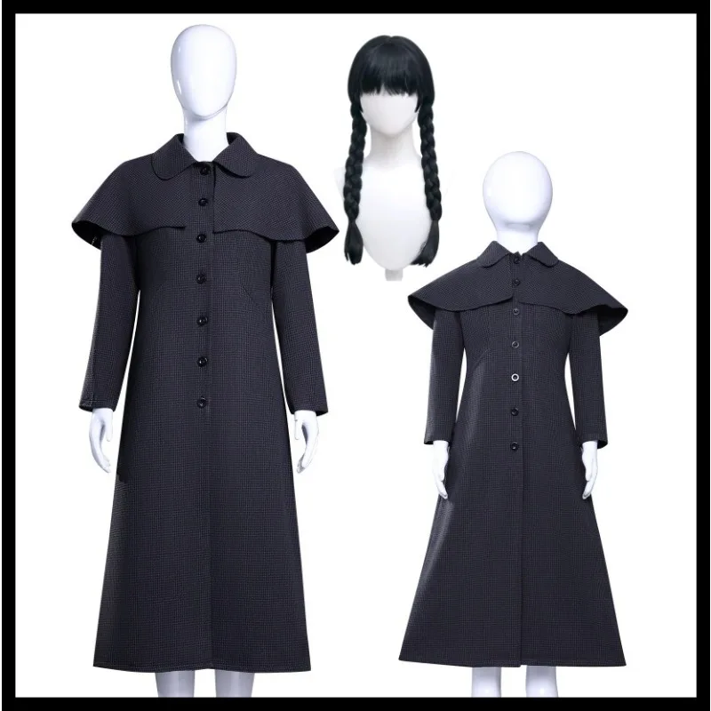 

Halloween Movie Cosplay Costume Dark Gothic Woolen Coat Black Plaid Trench Uniform Wig Suit for Women Terror Party Outfits