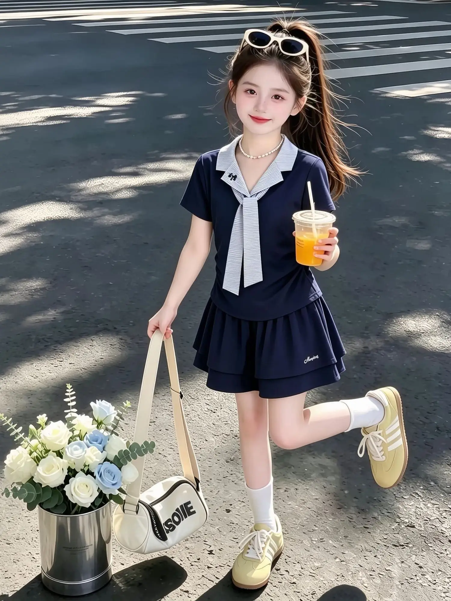Girls Summer Navy Style Short Sleeve Casual Versatile Thin Set 2026 New Two Piece Trendy Outfit School Uniform Work Outfit