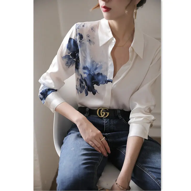 Vintage Tie Dye Loose Blouse Spring New Polo Neck Long Sleeve Button Printing Office Shirt Tops Elegant Fashion Women Clothing