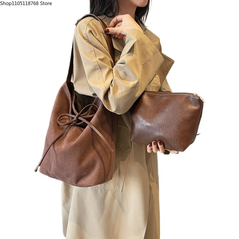 

Faux Suede Casual Tote Bags Large Capacity Solid String Simple Fashion Versatile Women's Composite Bags