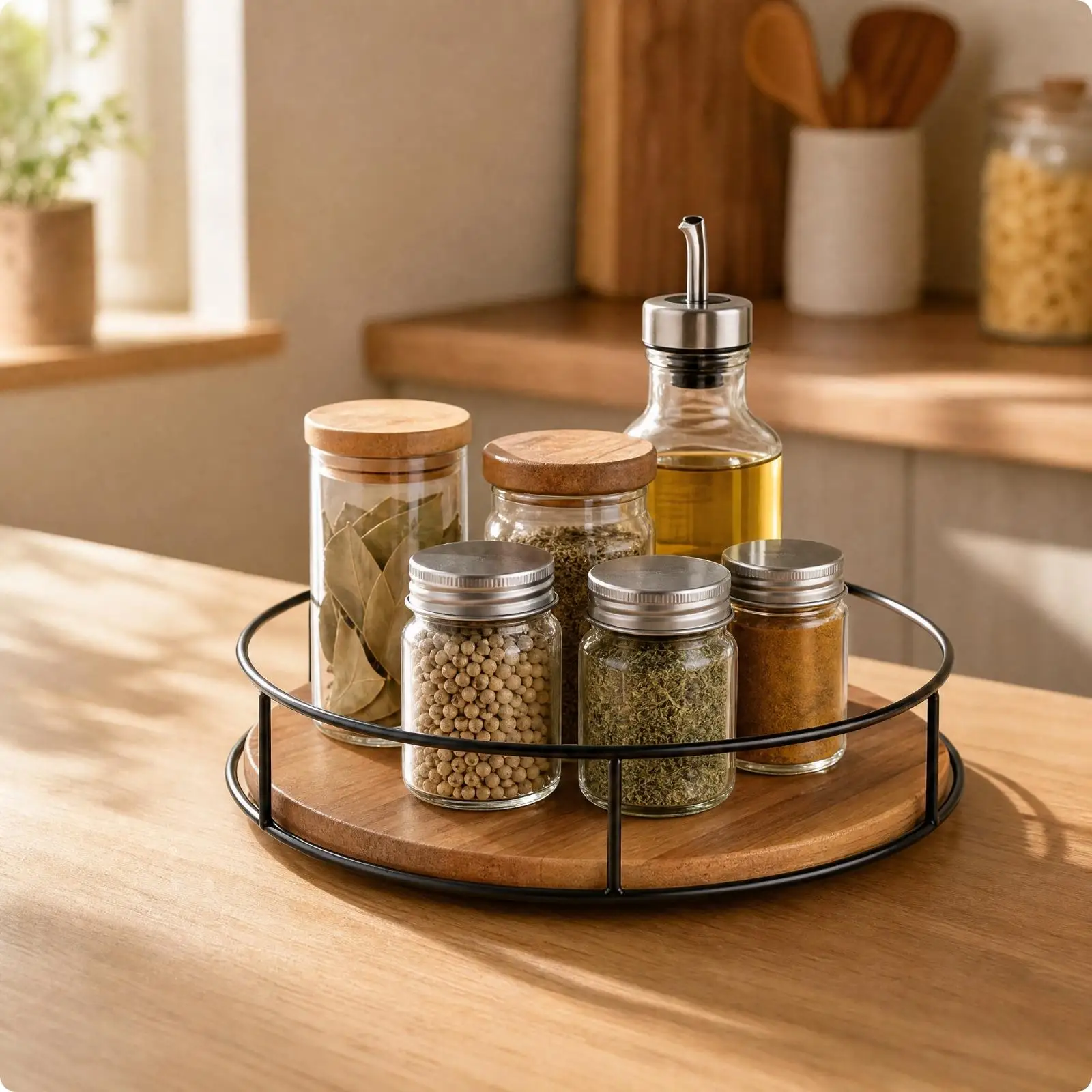 Rotating Turntable Spice Rack Wood Metal Tray Organizer Lazy Susan Shelf for Kitchen Countertop Seasoning Condiment Storage