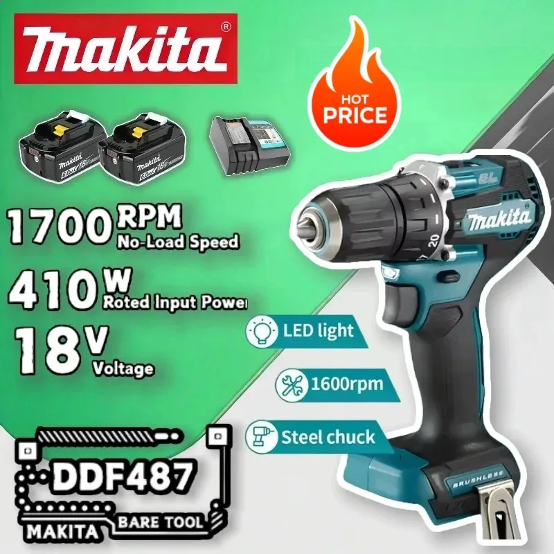 

Аккумуляторная дрель Makita DDF487 18В, 10 мм, 410 Вт, максимальная мощность, электрическая отвертка, перезаряжаемая дрель для дома/мастерской (без аккумулятора)