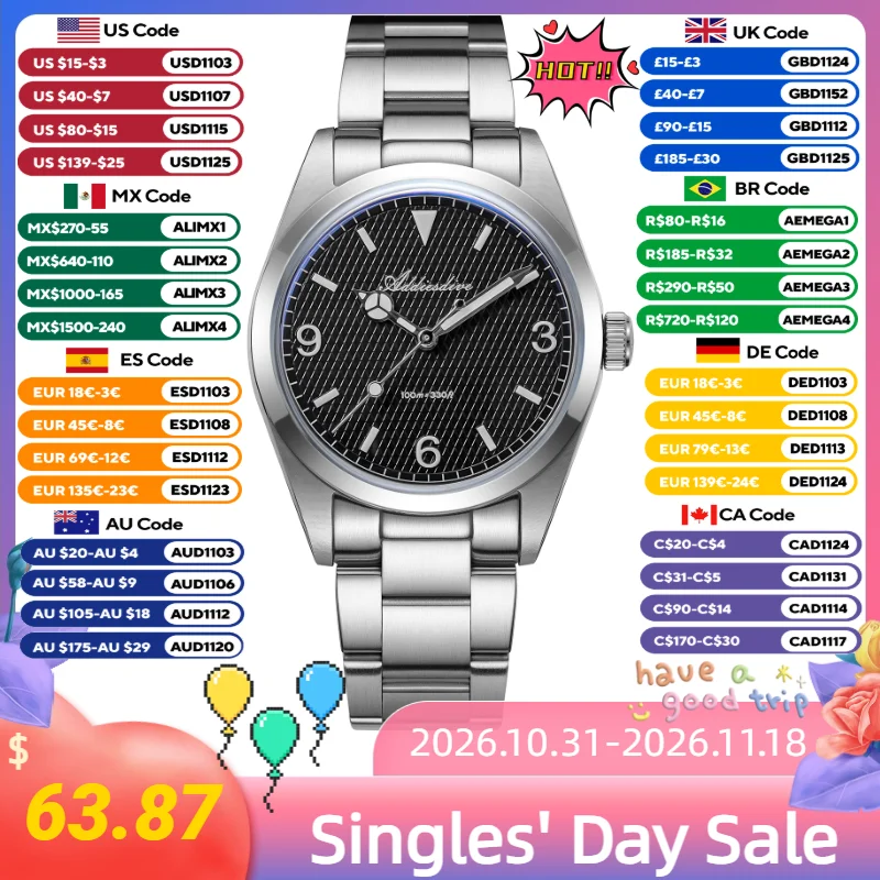 ADDIESDIVE C3/BGW9 Super Luminous 100M Waterproof Couple's Watch Stainless Steel Bubble Mirror Glass Quartz Couple's Wristwatch
