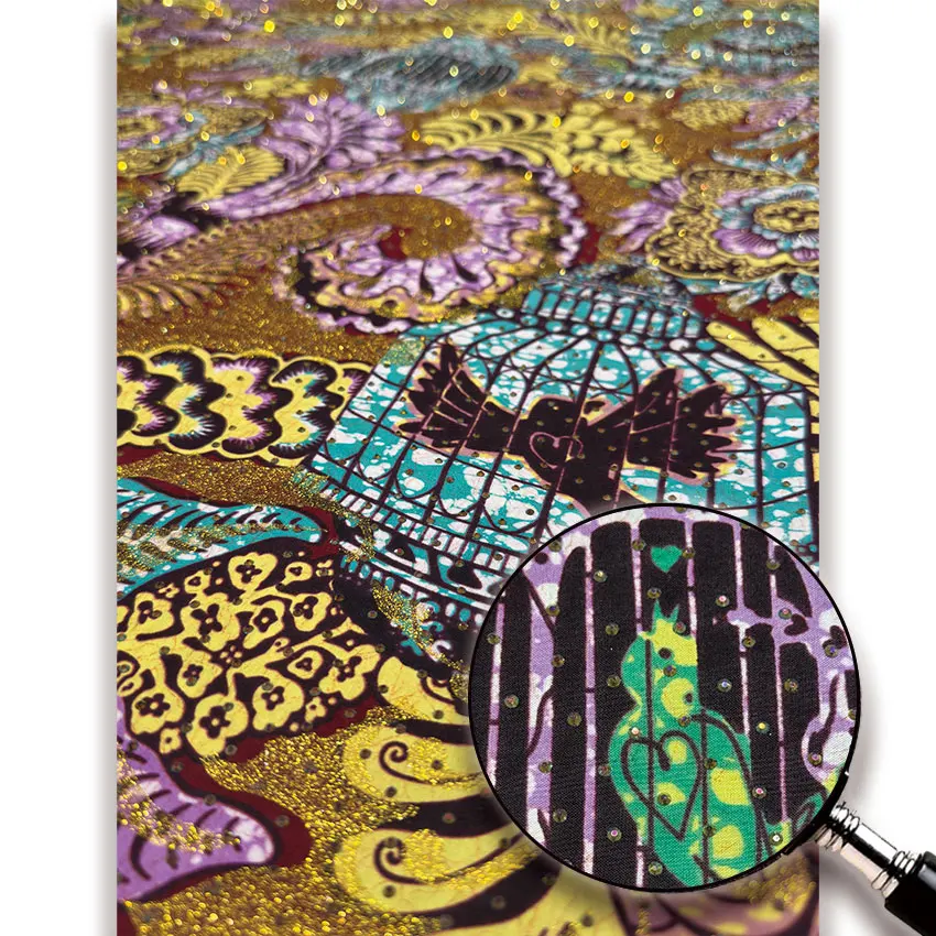 

Высококачественные нигерийские бусины со стразами, блестящая африканская золотая восковая ткань с бусинами для шитья платья, ткань 6 ярдов Y5-416-2