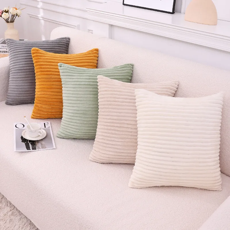 

Ins style solid color flannel pillowcase simple double-sided striped living room sofa pillow back cushion