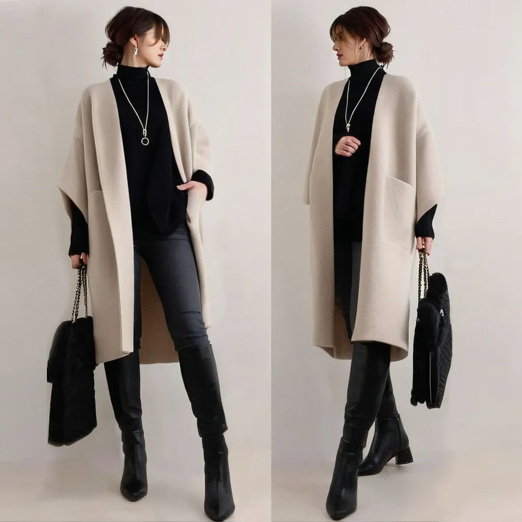2026 Autumn. New Style Collarless 7/8 Sleeve Mid-length Double Pocket Wool Coat Collarless Jacket Luxury Lace Vestidos