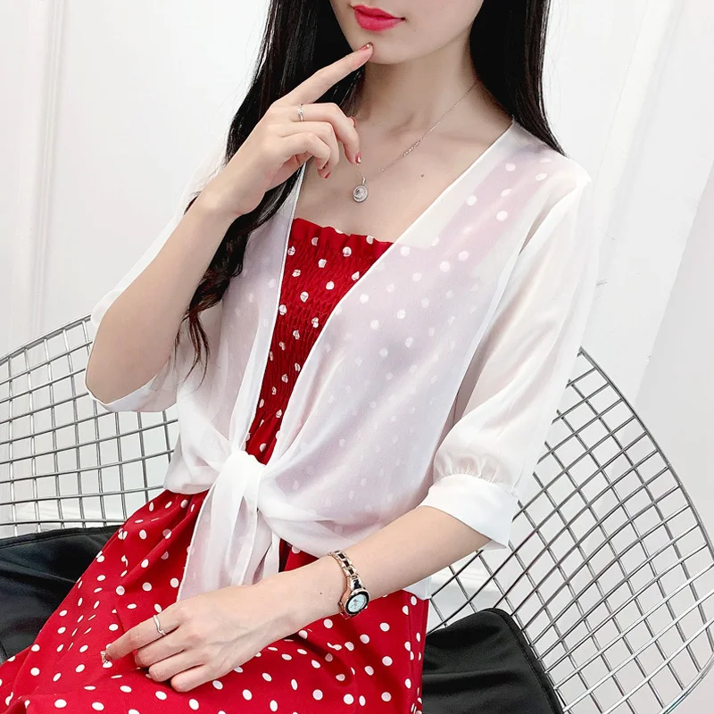 #5304 Red Black White Chiffon Coat Women Sexy Summer Sunscreen Jacket Female Half Sleeved Thin Kimono Jackets Cardigan Ladies