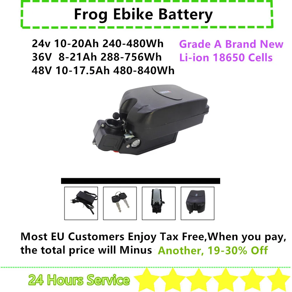 Frog Ebike Battery 24V 10Ah 15Ah 36V 10Ah 13Ah 15Ah 20Ah 48V 10Ah 13Ah 17.5Ah X-Treme Folding Bike Battery with Charger