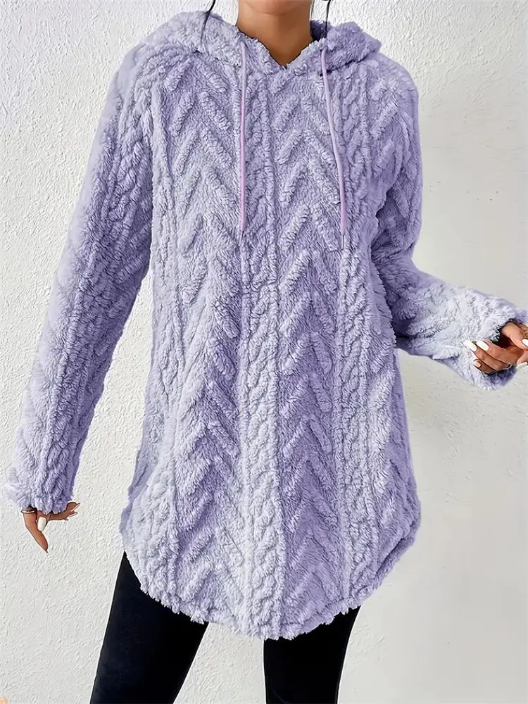 

Женский зимний свитер из шерпа, полосатый свитер с капюшоном, пушистые флисовые толстовки с плюшевым принтом, большие размеры 3XL, миди, нечеткие топы