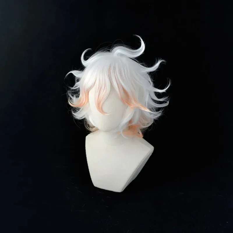 Anime Danganronpa Nagito Komaeda Parrucca Cosplay Breve Sfumatura Bianco Rosa Ricci Resistente Al Calore Capelli Sintetici Gioco di Ruolo Parrucca Protezione Della Parrucca