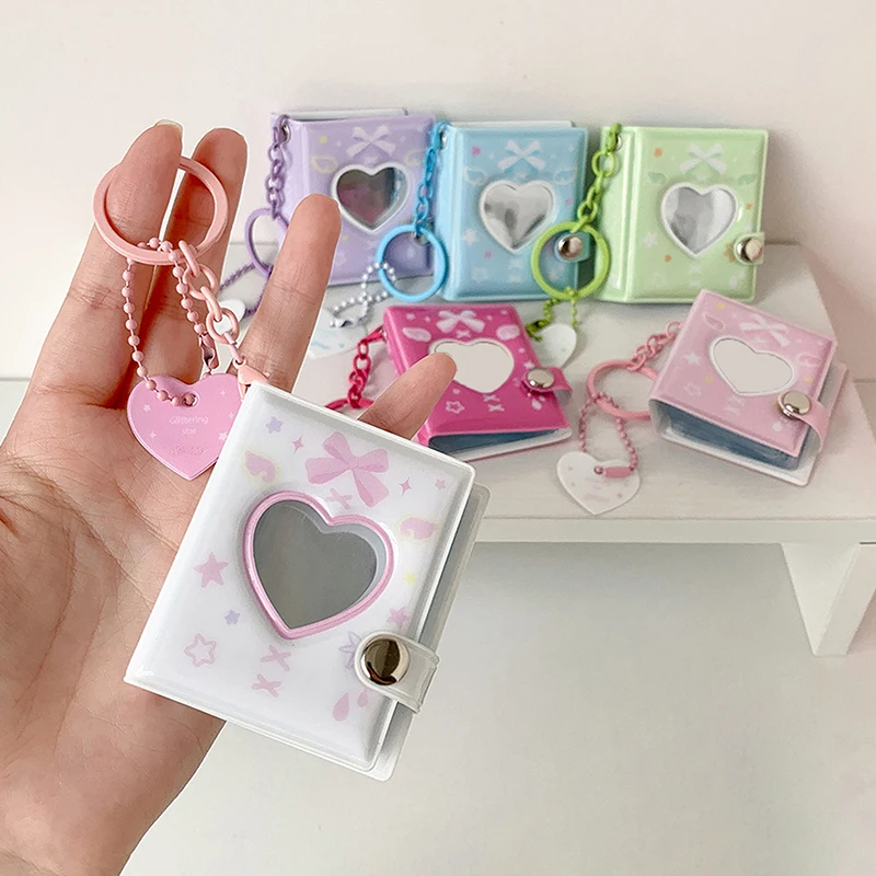 32pocket Bow Print Mini Photo Card Holder Keychain Album for Students ID Card Display 1/2in Kpop Photo Card Pendant Purse Charm