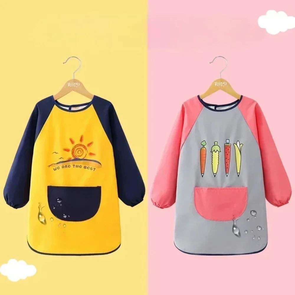Children Waterproof Long Sleeve Bibs Burp Cloths Drawing Kindergarten Cover Bibs Cartoon Reverse Dressing Boys Girls Aprons