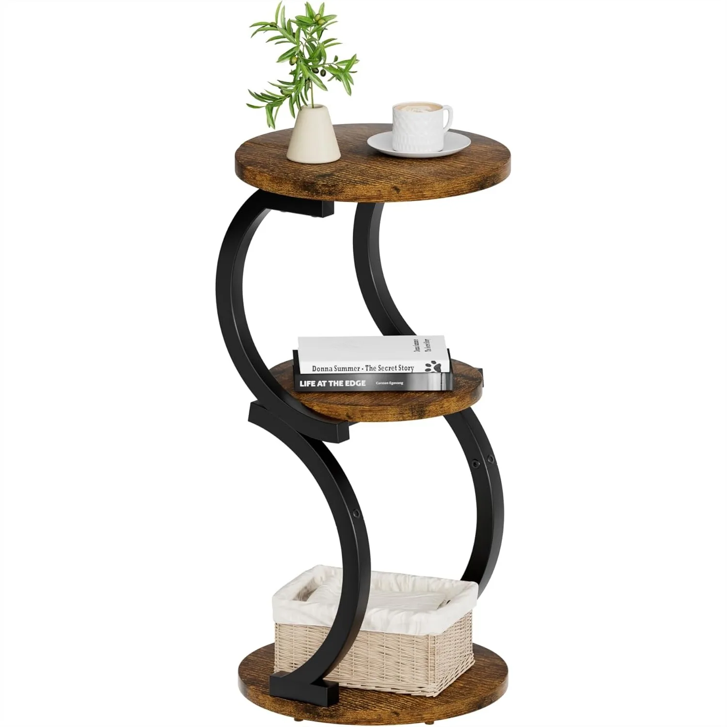 

Small Side Table, 3-Tier Round End Table for Living Room, S-Shaped Accent Table for Small Spaces, Rustic Brown Nightstand with