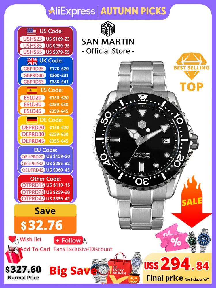 San Martin Neue 40-44mm Luxus Herren-Taucheruhr Klassisch Hochwertig NH35 YN55 Automatik Mechanisch Saphir BGW-X1 20Bar SN0009