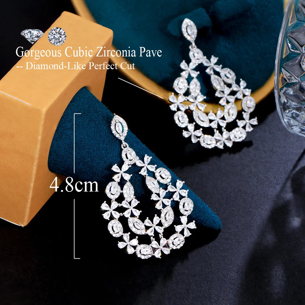 CWWZircons Bling White Cubic Zirconia Romantic Pretty Flower Chunky Drop Dangle Earrings for Wedding Brides Accessories CZ516