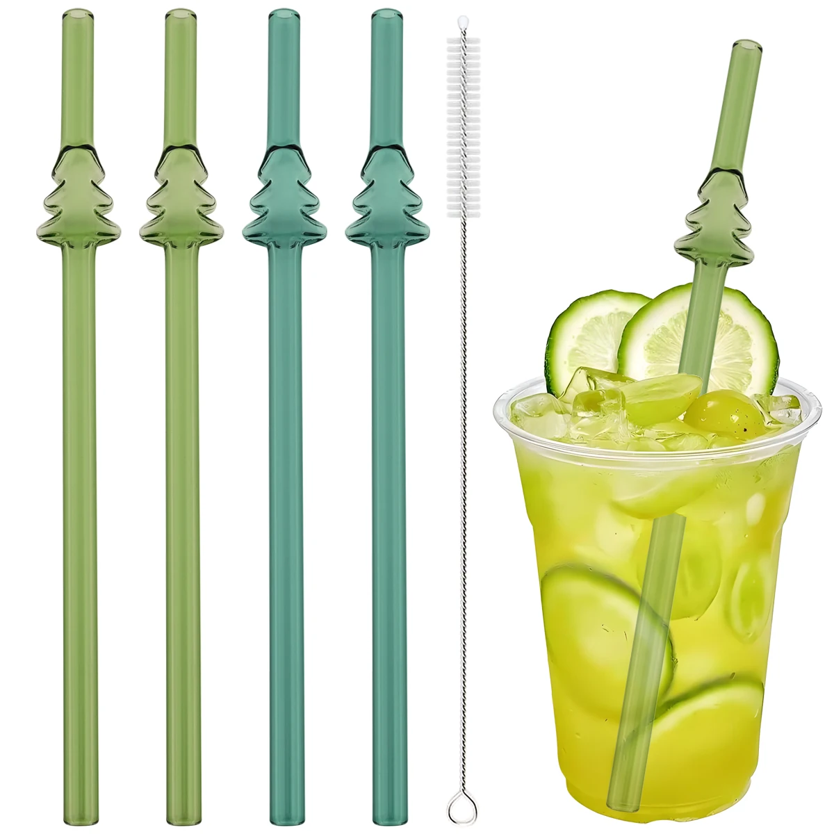 

4/6pcs Christmas Tree Borosilicate Glass Straw Reusable Drinking Straw with Brush for Cocktail Coffee Milkshakes Bar Accessories