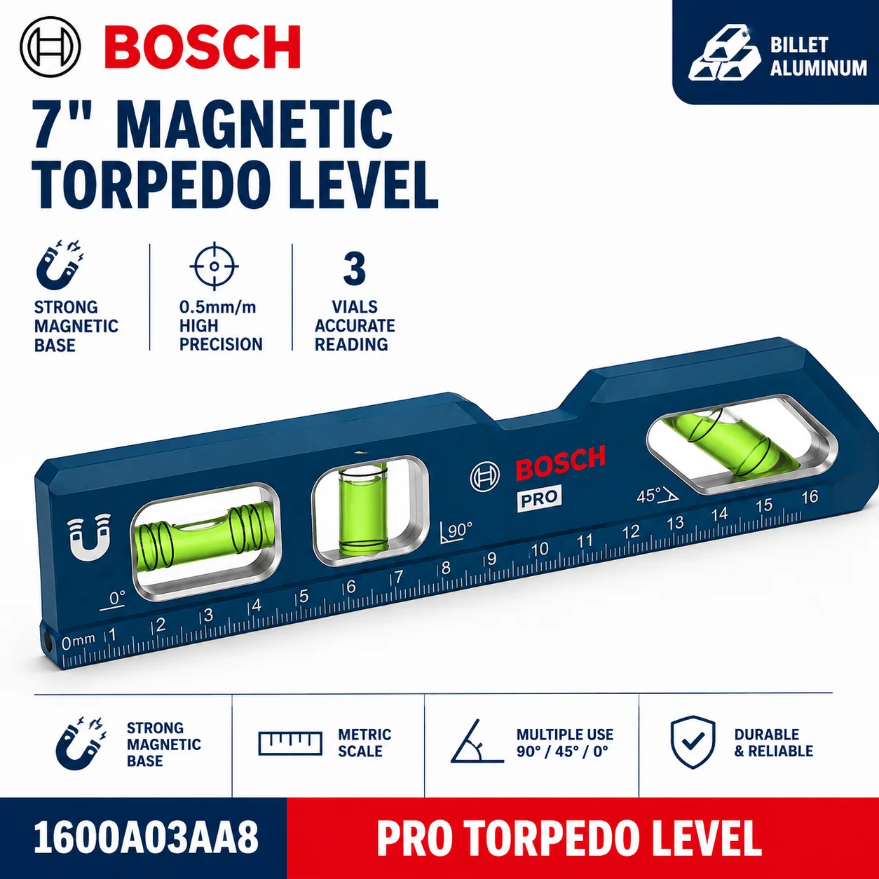 BOSCH 7 Inch Magnetic Torpedo Level 3 Vial Spirit Level Aluminum 0.5mm/m Precision Measuring Tool for Construction DIY