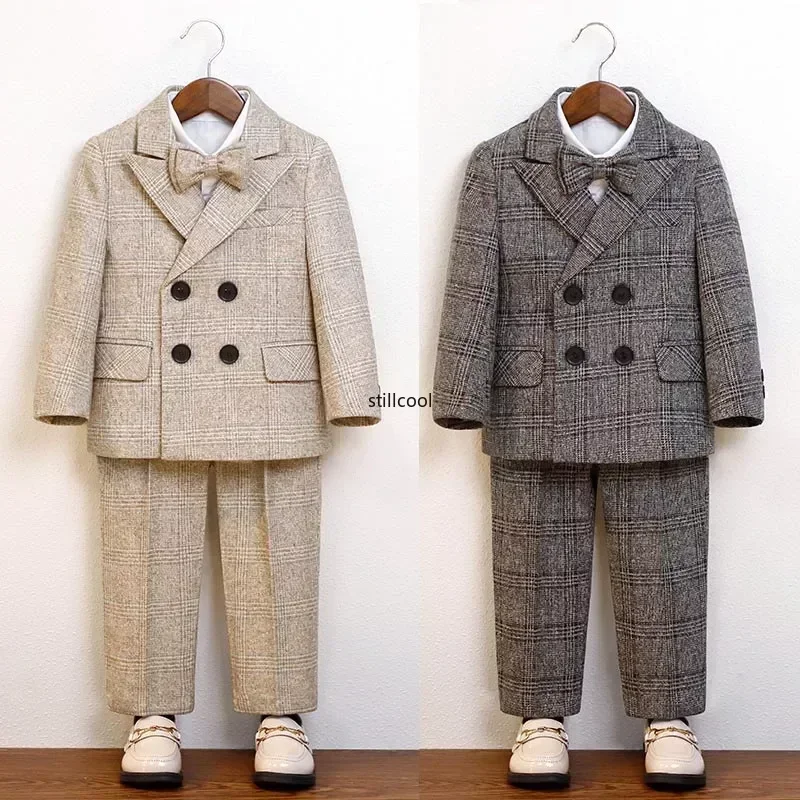 School Uniform for Boys Thick Warm Children Plaid Suit Khaki Toddler Birthday Blazer Set Kids Wedding Piano Performance Costumes