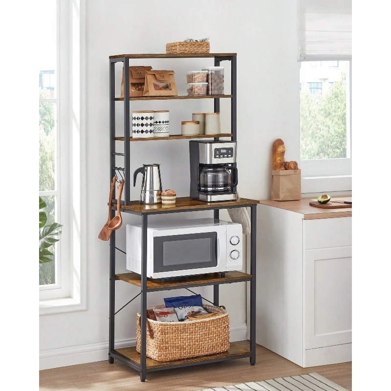 Coffee Bar, Baker's Rack For Kitchen With Storage, 6-Tier Kitchen Shelves With 6 Hooks, Microwave Stand, Industrial, 15.7 X 23.6 X 65.7 Inches, Oak Color And White,Greige And Black,Rustic Brown And Black