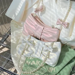 Bolso de mano con lazo de perlas para mujer, bolsa pequeña de hombro rosa, suave, de cuero PU, Nacarado, 2023