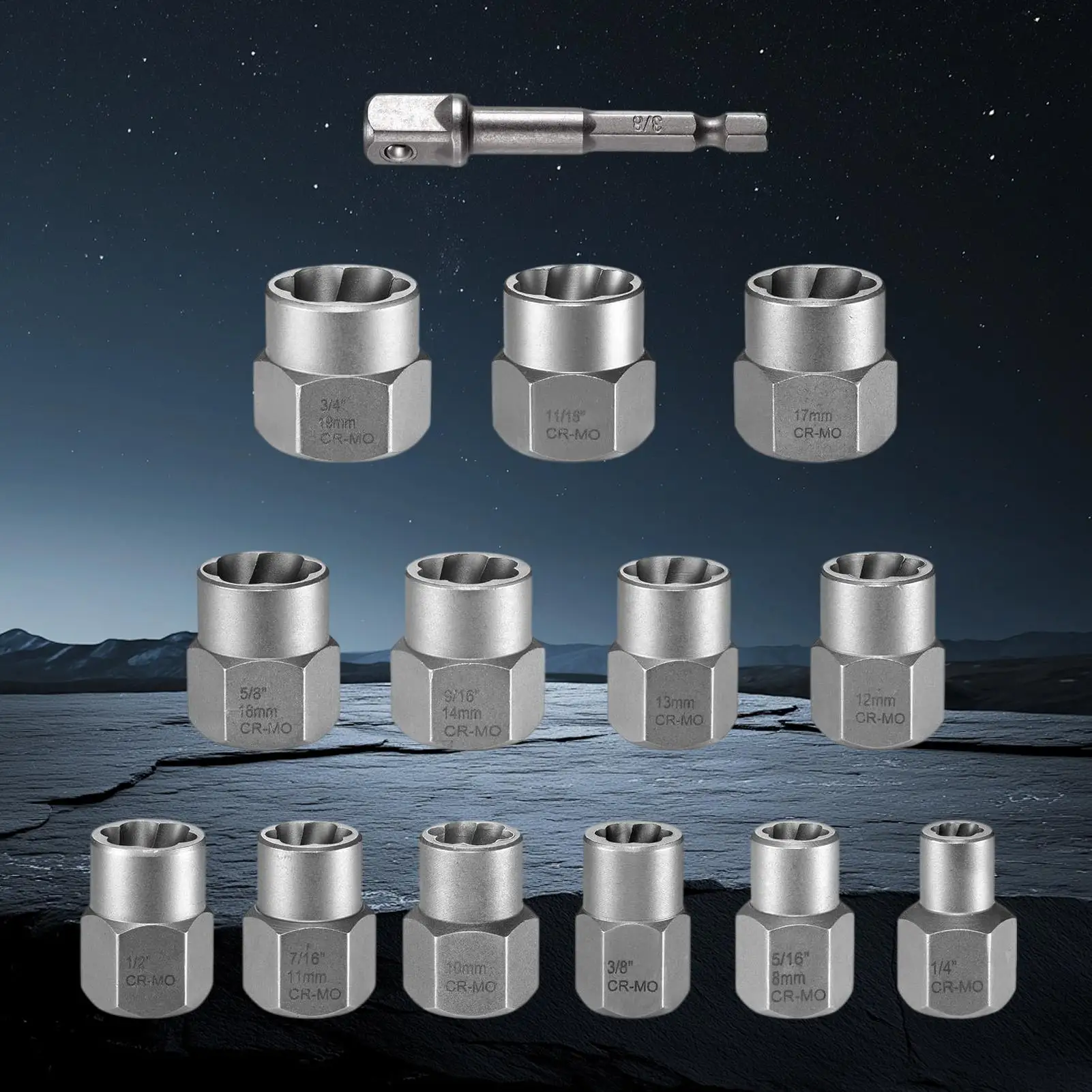 

Комплект экстрактора болтов Очищенная головка с адаптером 3/8 дюйма Набор для снятия гаек болтов для поврежденной круглой ржавчины сломанной деревообработки