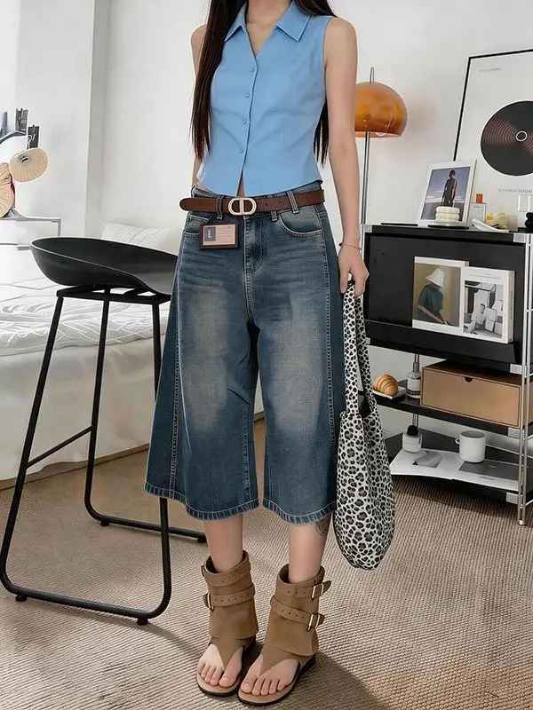 

Retro Washed Wide Leg Denim Jeans High Waist Slim Straight Loose Seven Inch Pants Women's Summer New Style Cotton Polyester B...