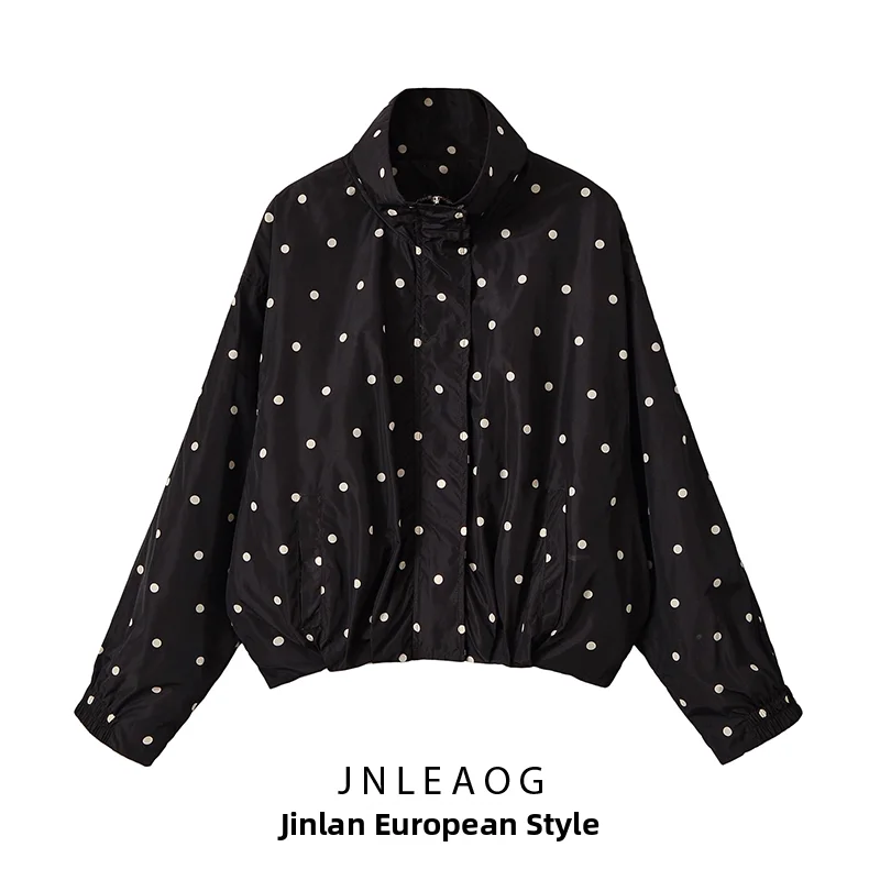 JNLEAOG Autumn New Women's Long Sleeve Stand Collar Polka Dot Pilot Jacket Outerwear Polyester Standard Fit Short Coat