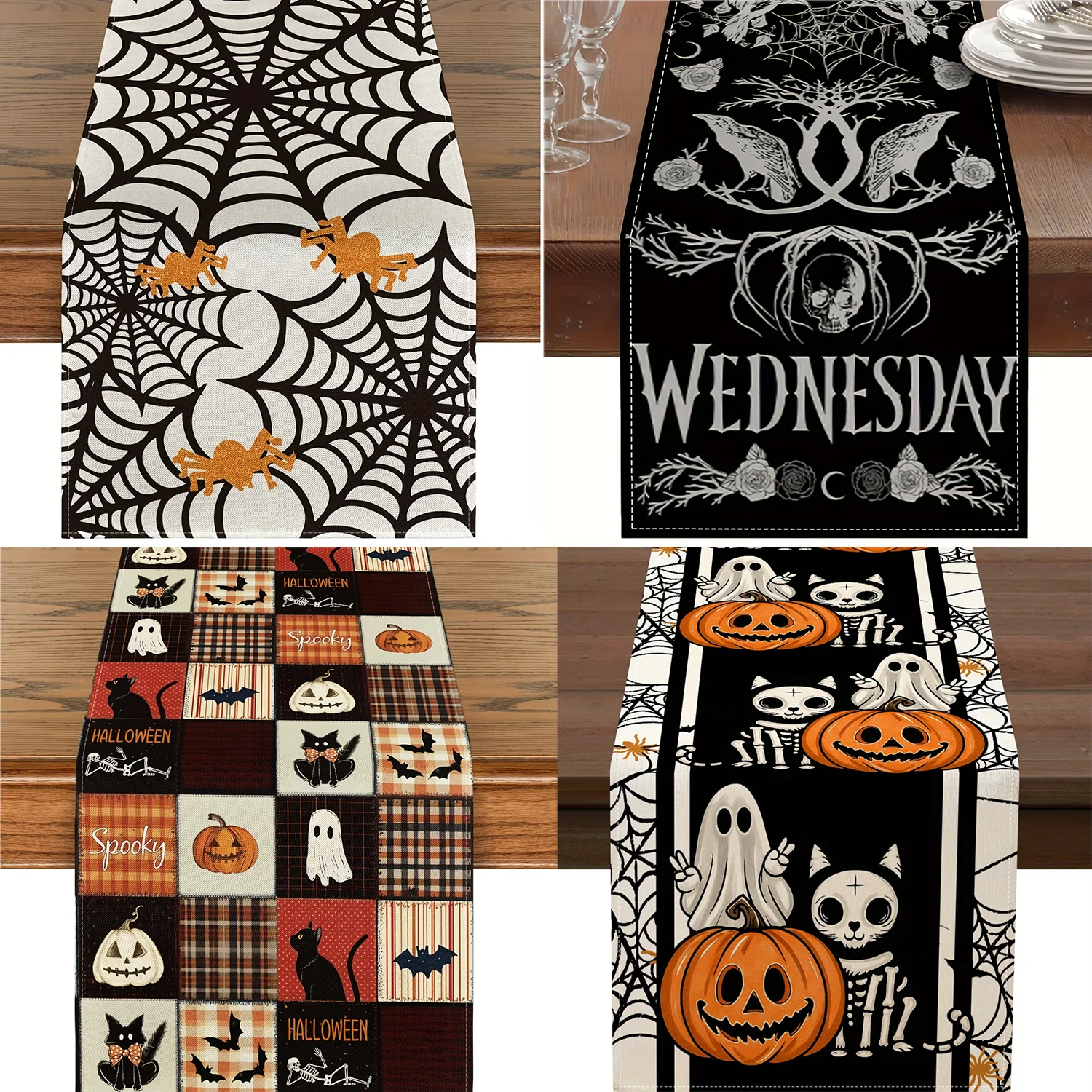 1 Stück Halloween-Tischläufer, gruselige Kürbis-Katze, Spinnennetz-Design in Orange, Schwarz, Weiß, Polyesterstoff für den Esstisch in der Küche