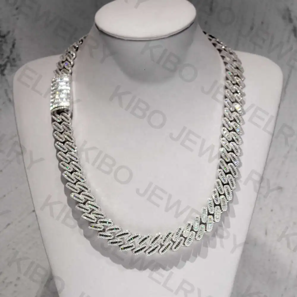 

18mm Hip Hop Jewelry Baguette Diamond Men Necklace Iced Out Vvs Moissanite Sterling Silver 925 Cuban Link Chain