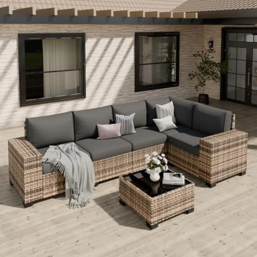 

Patio Furniture Set for Backyard Poolside Garden, Wicker Rattan, Beige, Thick Cushions Wide Armrests