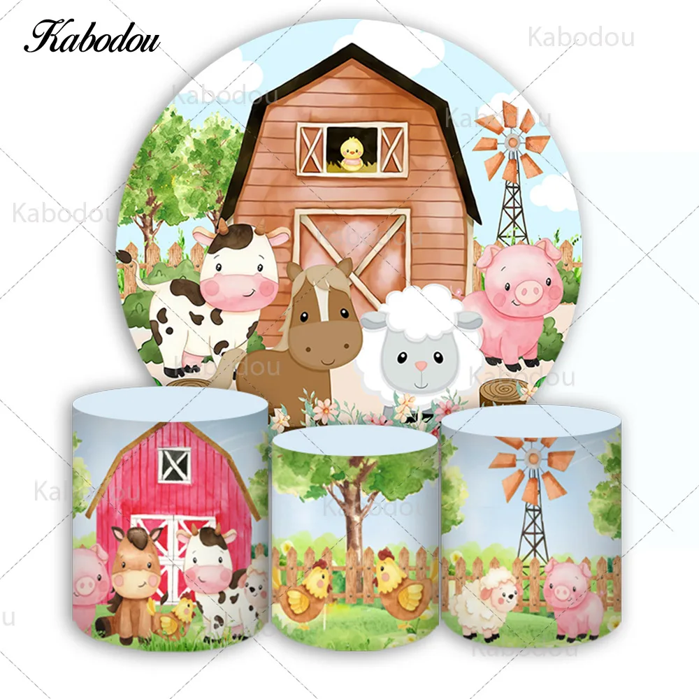 Kabodou Farm Theme Circle Photo Backdrop Birthday Baby Shower Cartoon Cute Round For Kids Photography Background Cylinder Covers