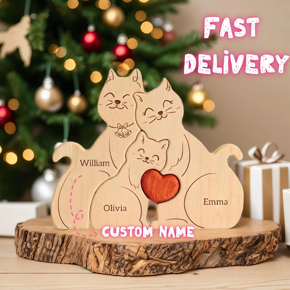 Персонализированная деревянная головоломка "Семья котов" — идеальный подарок для нового дома