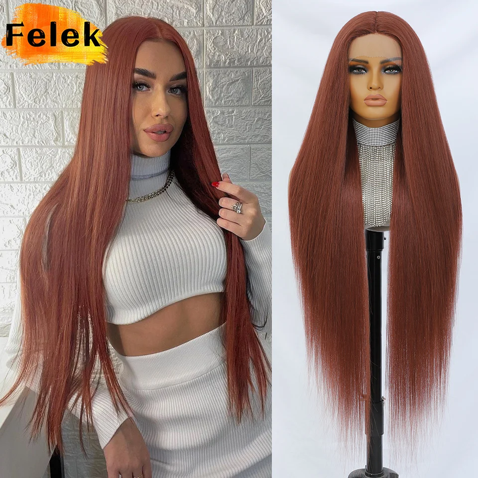 

13x6 Synthetic Lace Frontal Wig 40" Long Straight Lace Wig for Black Women Pre-Plucked Glueless Wig for Beginner Daily Party Use