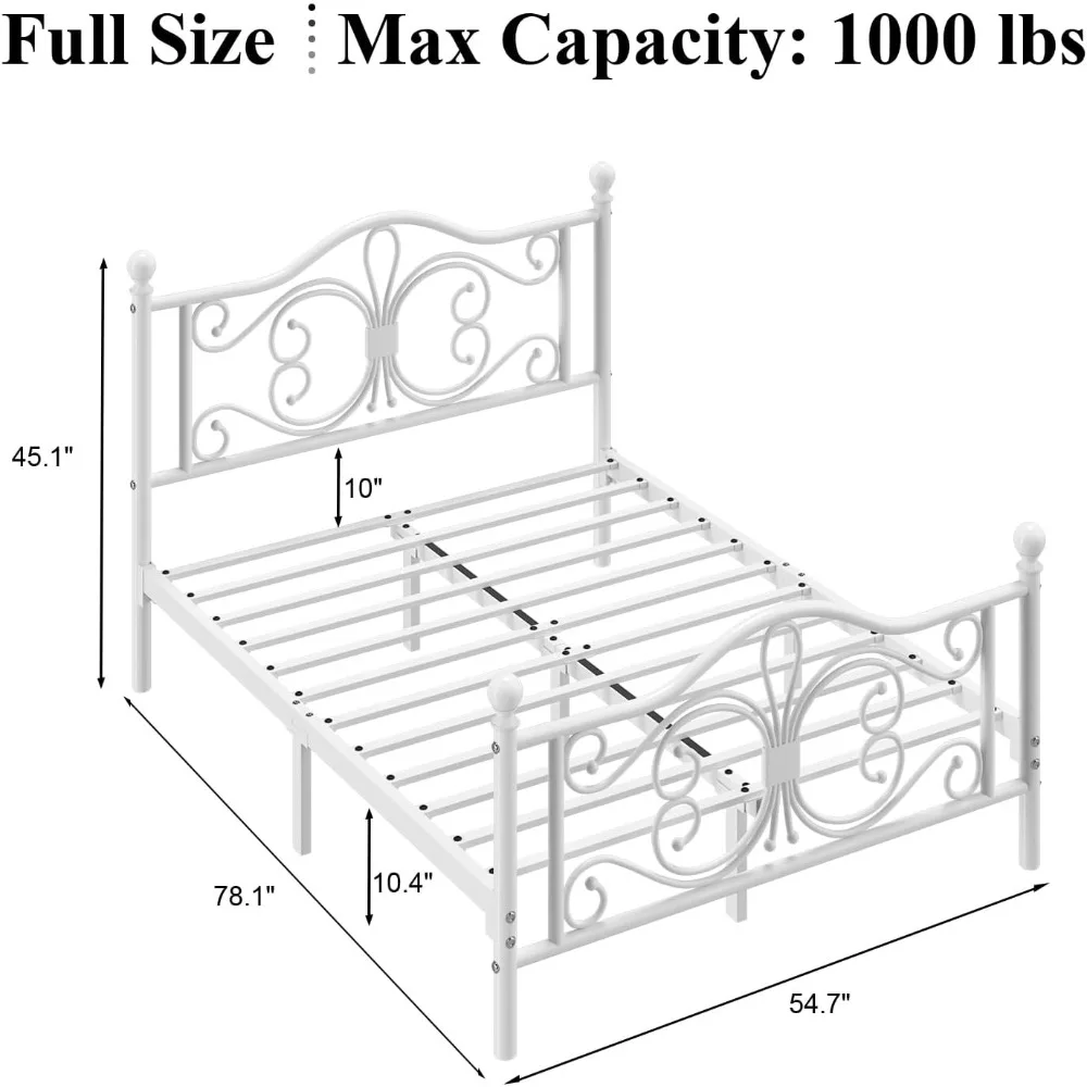 Full Bed Frame with Butterfly Pattern Design Headboard and Footboard, White