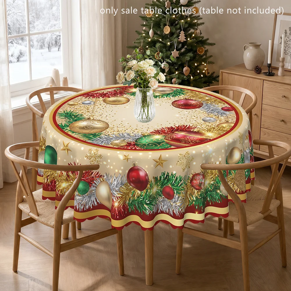 Round Christmas Ball with Foil Wreath Printed Tablecloth